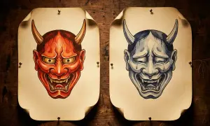 Dwie maski Hannya, czerwona i niebieska, wiszą na drewnianej ścianie. Ich znaczenie jest głębokie, symbolizując gniew i smutek.