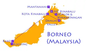 Reiseroute für Borneo Backpacking: Kuching, Bako, Danum Valley, Sepilok, Kinabatangan, Kota Kinabalu, Mt. Kinabalu, Mantanani.
