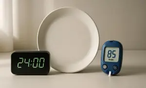 Orologio digitale segna 24:00, piatto vuoto e glucometro con 85. Simboli di un digiuno 24 ore e controllo glicemia.