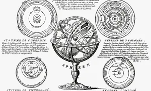 Ilustracja porównuje modele kosmosu: Kopernika, Ptolemeusza, Tychona Brahe i system złożony, ukazując ewolucję teorii geocentrycznej.