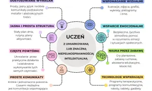 Wskazówki dla nauczycieli: jak wspierać ucznia z niepełnosprawnością intelektualną. Uczą się przez powtórki, proste komunikaty i zabawy.