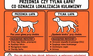 Pies kuleje, ale biega. Ilustracja pokazuje różnice w postawie psa przy kulawiźnie przedniej i tylnej łapy, podając przyczyny.