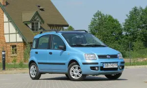 Niebieski Fiat Panda z czarnym dachem i relingami, z widocznymi przednimi żarówkami.