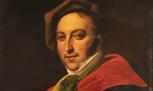 Portret Gioacchino Rossiniego w czerwonej todze i brązowym kapeluszu.