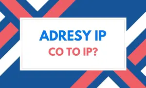 Grafika z napisem "ADRESY IP CO TO IP?". Tło tworzą ukośne pasy w kolorach niebieskim, białym i czerwonym.