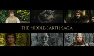 Kolaż postaci z "Władcy Pierścieni": hobbit, smok, krasnolud, Frodo, Gollum, Aragorn.