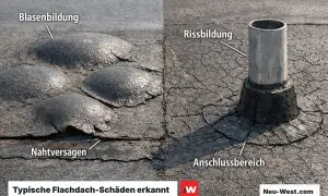 Flachdach mit Blasenbildung, Rissen und Nahtversagen. Ein Rohr ragt aus dem beschädigten Anschlussbereich.