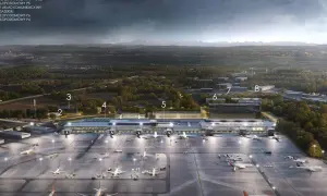 Wizualizacja nowoczesnego lotniska z samolotami na płycie. Czy to jedyne lotnisko w Krakowie?