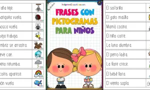 Frases para leer niños de 5 años con pictogramas: la araña teje, el sol brilla, mamá cocina, el niño corre.