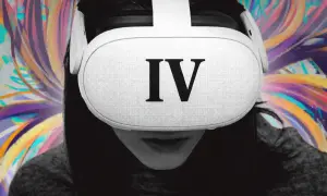 Osoba w goglach VR z napisem "IV" na froncie. Kolorowe, abstrakcyjne tło sugeruje wejście do wirtualnej rzeczywistości, być może zapowiedź Meta Quest 4.