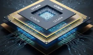 Procesador con capas de memoria L3, L2 y L1 Cache, conectado a circuitos digitales.