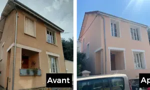 Maison avant après : façade rénovée, plus lumineuse et moderne. Les volets ont été changés, la peinture rafraîchie.