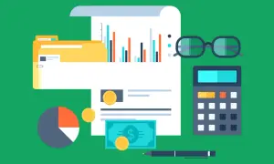 Calculadora, gafas, gráfico y dinero. Si tengo una tienda online debe pagar impuestos.
