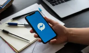 Dłoń trzyma smartfon z ikoną Messengera. Dowiedz się, jak znaleźć czat grupy na Messengerze, korzystając z telefonu.