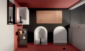 Bagno moderno con lavabo, bidet e water. La distanza tra i sanitari bagno è ottimale per un uso confortevole.