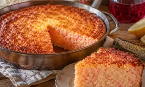 La torta di riso ricetta della nonna, dorata e invitante, con una fetta servita su un piattino.
