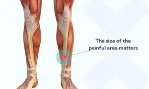 Anatomia della gamba con evidenziato il dolore tibiale anteriore camminare. L'area dolorante è indicata da cerchi concentrici.