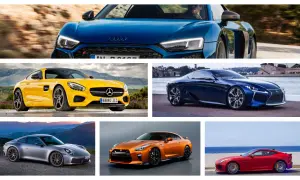 Audi R8 azul, Mercedes-AMG GT amarillo, Lexus LC azul, Porsche 911 plateado, Nissan GT-R naranja y Jaguar F-Type rojo. Los mejores coches deportivos.