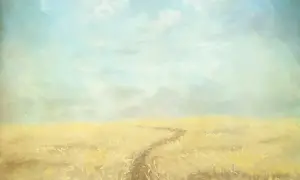 Camino en un campo dorado bajo un cielo azul y nublado. "Yo soy el que soy", dice la naturaleza.