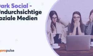 Drei Frauen reagieren schockiert auf etwas auf einem Laptop, das mit "Dark Social" und "Undurchsichtige soziale Medien" betitelt ist.