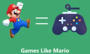 Mario biegnący obok pada do gier, z napisem "Games Like Mario".