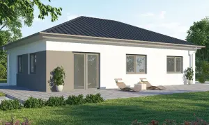 Moderner Bungalow aus Stein mit großem Garten und zwei Liegestühlen.