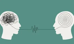 Testa con pensieri aggrovigliati e un'altra con spirali, collegate da un'onda sonora. Forse la psicoterapia non funziona per tutti.