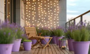 Uroczy balkon z lawendą przed domem, ozdobiony girlandą światełek. Drewniane meble i lampion tworzą przytulną atmosferę.