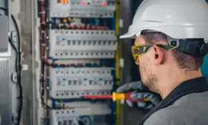 Elektryk w kasku i okularach ochronnych pracuje przy skrzynce z bezpiecznikami.