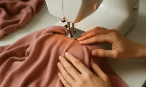 Dłonie szyją na maszynie różową dzianinę bawełnianą.