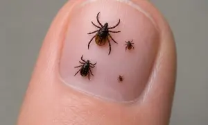 Cztery kleszcze, w tym trzy rodzaje kleszczy, na opuszce palca. Dwa większe i dwa mniejsze pajęczaki.