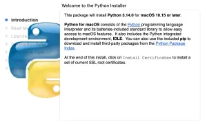 Installation de Python 3.14.0 sur macOS. L'installeur présente les étapes : Introduction, Licence, Destination, Type, Installation et Résumé. Le logo Python est visible.