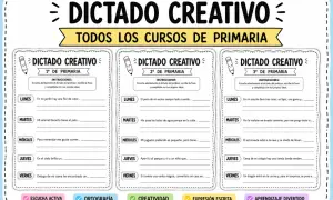 Hoja de dictado creativo para 1º de primaria con frases para completar cada día de la semana.