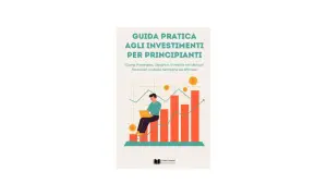 Guida pratica per imparare a investire denaro. Illustrazione di un uomo con laptop su grafico finanziario in crescita.