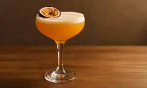 En elegant Pornstar Martini med passionsfrukt, redo att avnjutas.