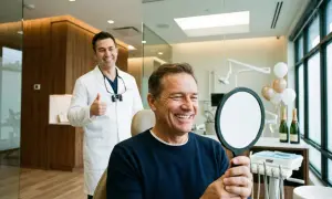 Uśmiechnięty pacjent ogląda swoje zęby w lusterku, dentysta w białym fartuchu pokazuje kciuk w górę.