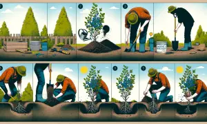 Ilustracja pokazuje, co ile sadzić borówkę amerykańską. Proces sadzenia krok po kroku: przygotowanie dołu, umieszczenie sadzonki, zasypanie ziemią i pielęgnacja.