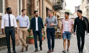 Sechs Männer spazieren auf einem Bürgersteig. Einer trägt ein weißes Hemd, ein anderer ein blau gestreiftes Hemd.