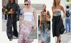 Moda lat 2000: skórzana kurtka, szerokie spodnie cargo, kwiecista spódnica, krata i kolorowy top.