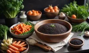 En stor skål med belugalinser, redo för ett gott recept. Bredvid finns morötter, gröna bönor och färska örter.