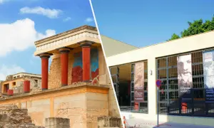 Ruiny pałacu w Knossos z czerwonymi kolumnami i freskiem byka, obok nowoczesnego budynku z banerami wystawy rzeźby.