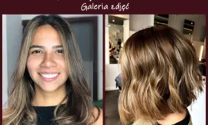Uśmiechnięta kobieta z miodowym brązem włosów, prezentująca różne fryzury.