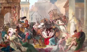 Chaos i przemoc na ulicach Rzymu, świadectwo upadku cesarstwa zachodniorzymskiego. Ludzie uciekają, walczą, a w tle widać płonące budynki.