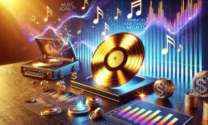 A golden vinyl record and turntable symbolize music royalty, with dollar signs and charts hinting at investment opportunities and common mistakes.