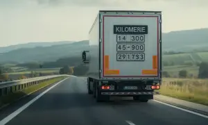 Un camion 44t sur une route de campagne. La plaque indique "Kilometrie" avec des chiffres, suggérant une longue route et une consommation importante.