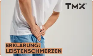 Mann hält sich die Leiste, wo ist die Leiste? Erklärung: Leistenschmerzen. TMX Logo.