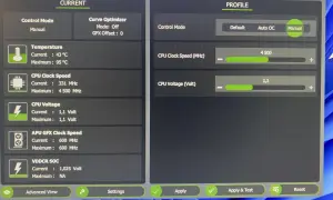 Ustawienia AMD Ryzen Master pokazują undervolting CPU. Napięcie procesora ustawione na 1,1V, a taktowanie na 4500 MHz.