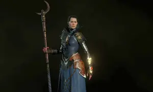 Czarodziejka z Diablo 2, gotowa do walki z potężnym kosturem. Jej strój sugeruje potężny diablo 2 czarodziejka build.