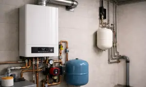 Nowoczesny kocioł gazowy z cyfrowym wyświetlaczem i systemem rur miedzianych, zapewniający wydajne ogrzewanie na gaz.