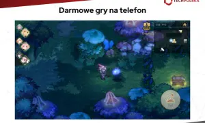 Zrzut ekranu z gry mobilnej w stylu anime, przedstawiający postać czarodziejki w lesie z grzybami.